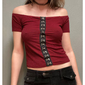 2010 Hot Topic Red Black Striped Off The Shoulder Top Mall Goth Emo Scene Gothic